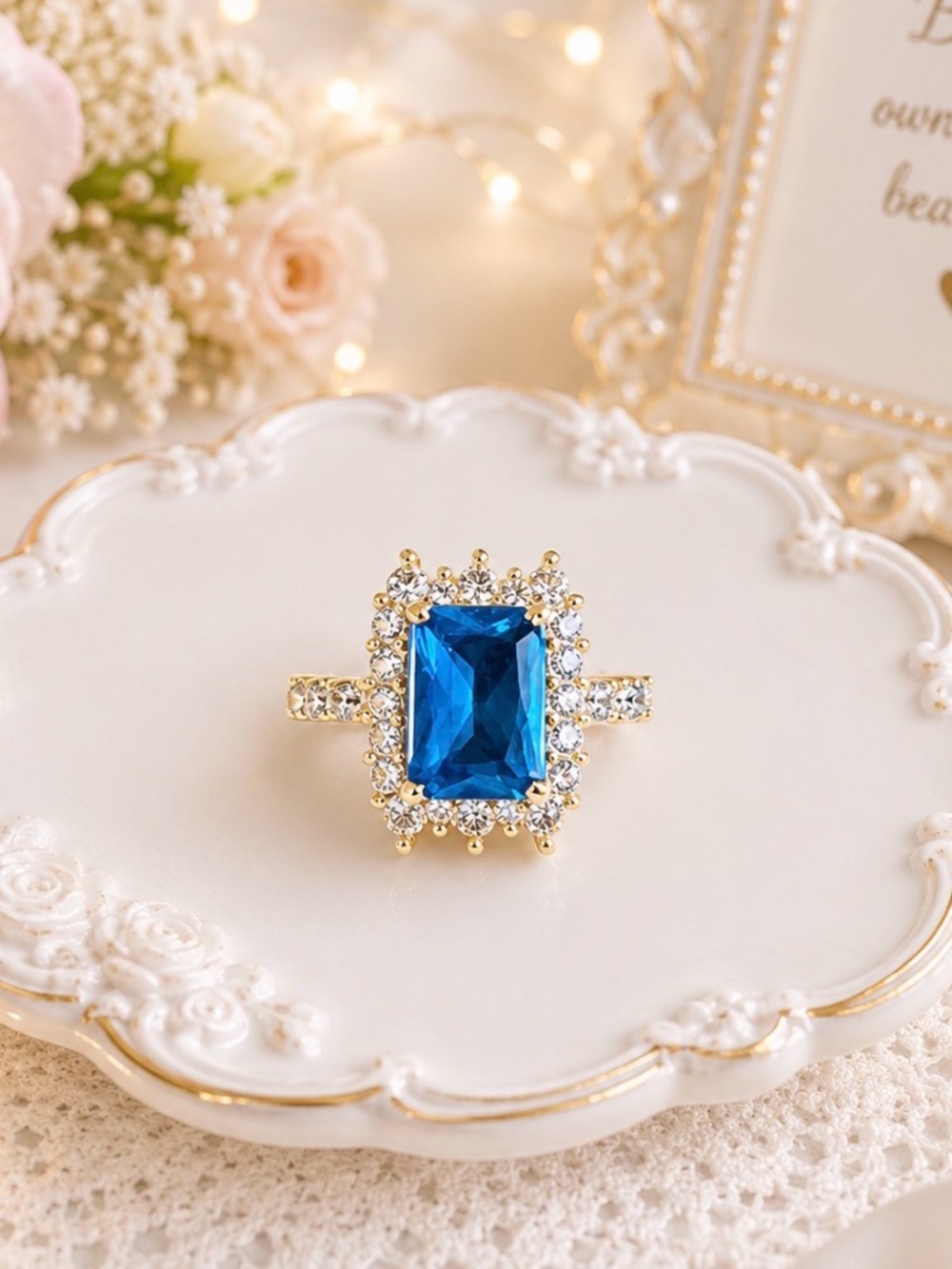 Gold-Plated Blue Center Stone with White Crystal Accent Stone Halo Ring-Size 7